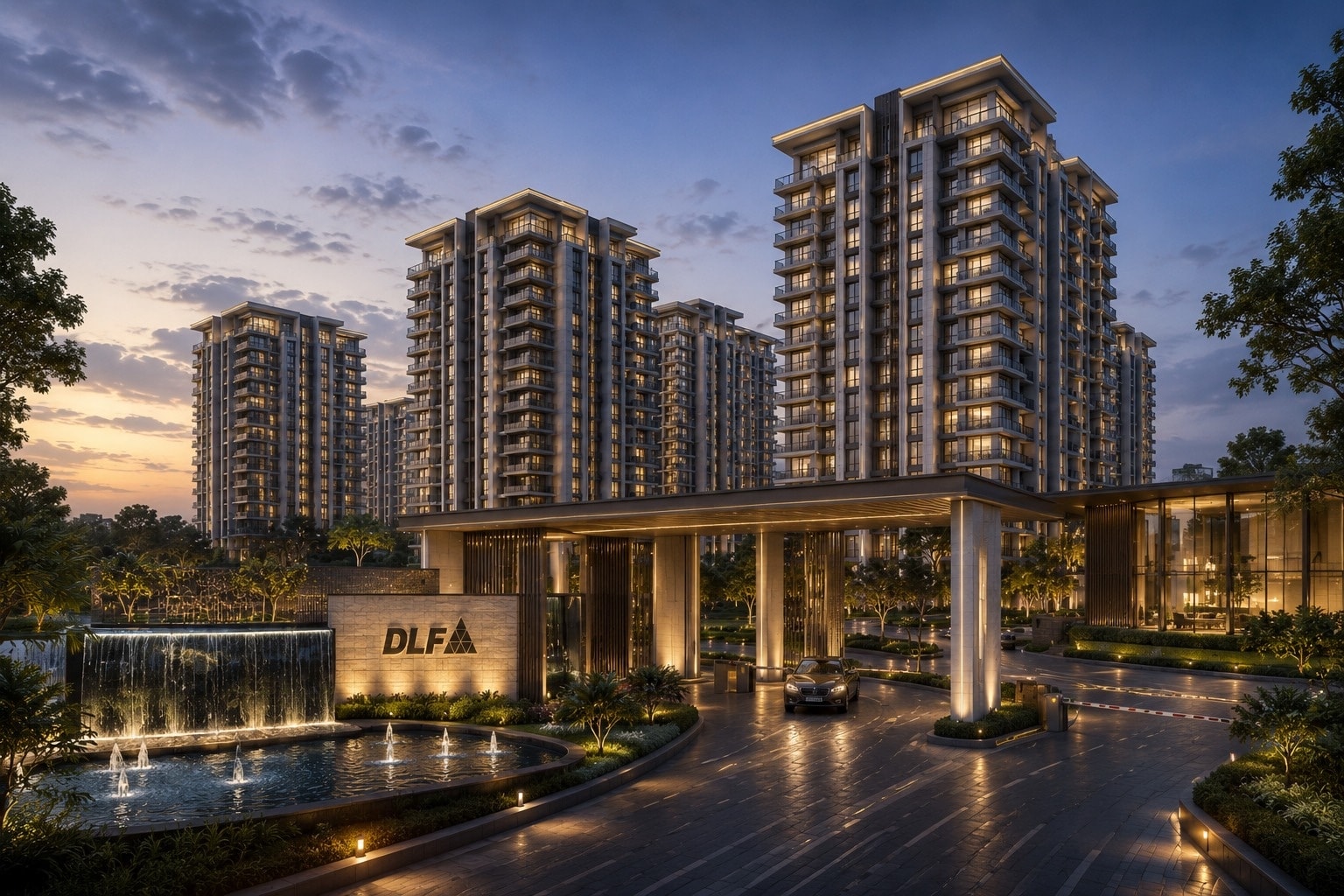 DLF Sector 108 Noida luxury residential towers and landscaped entrance